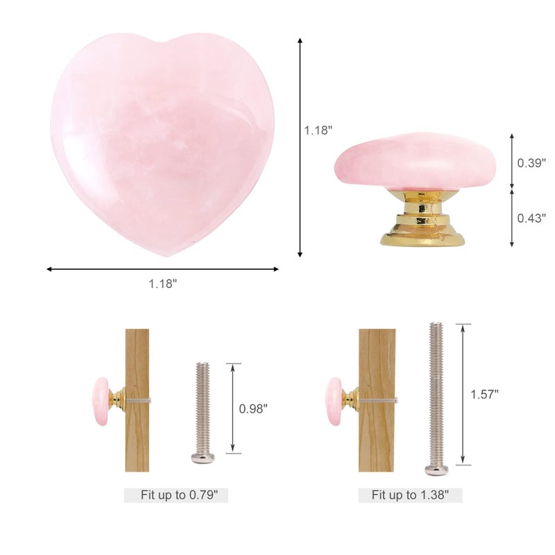 Malimali 4pcs Rose Quartz Heart Cabinet Knobs  Pink Crystal Dresser Drawer Pulls and Knobs for Girls  Cute Gold Knobs for Bifold Closet Door Cupboard Kitchen Bathroom - Image 3